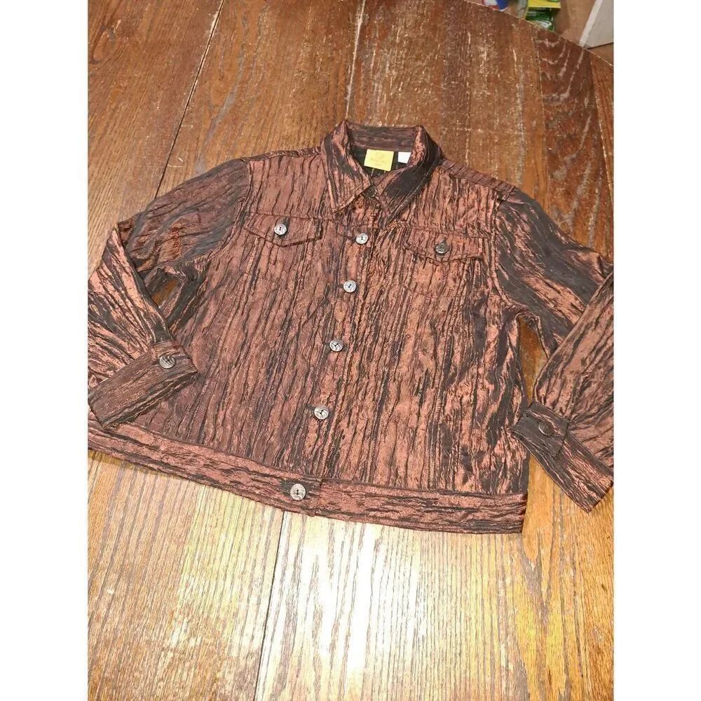 10P Ruby Rd Petite Copper Black Button Front Blazer Jacket Shirt Top 3/4 Sleeve